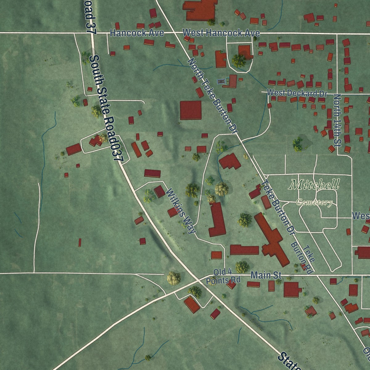 Second close-up of the map of Mitchell, Indiana print showing more streets and buildings