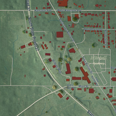 Second close-up of the map of Mitchell, Indiana print showing more streets and buildings
