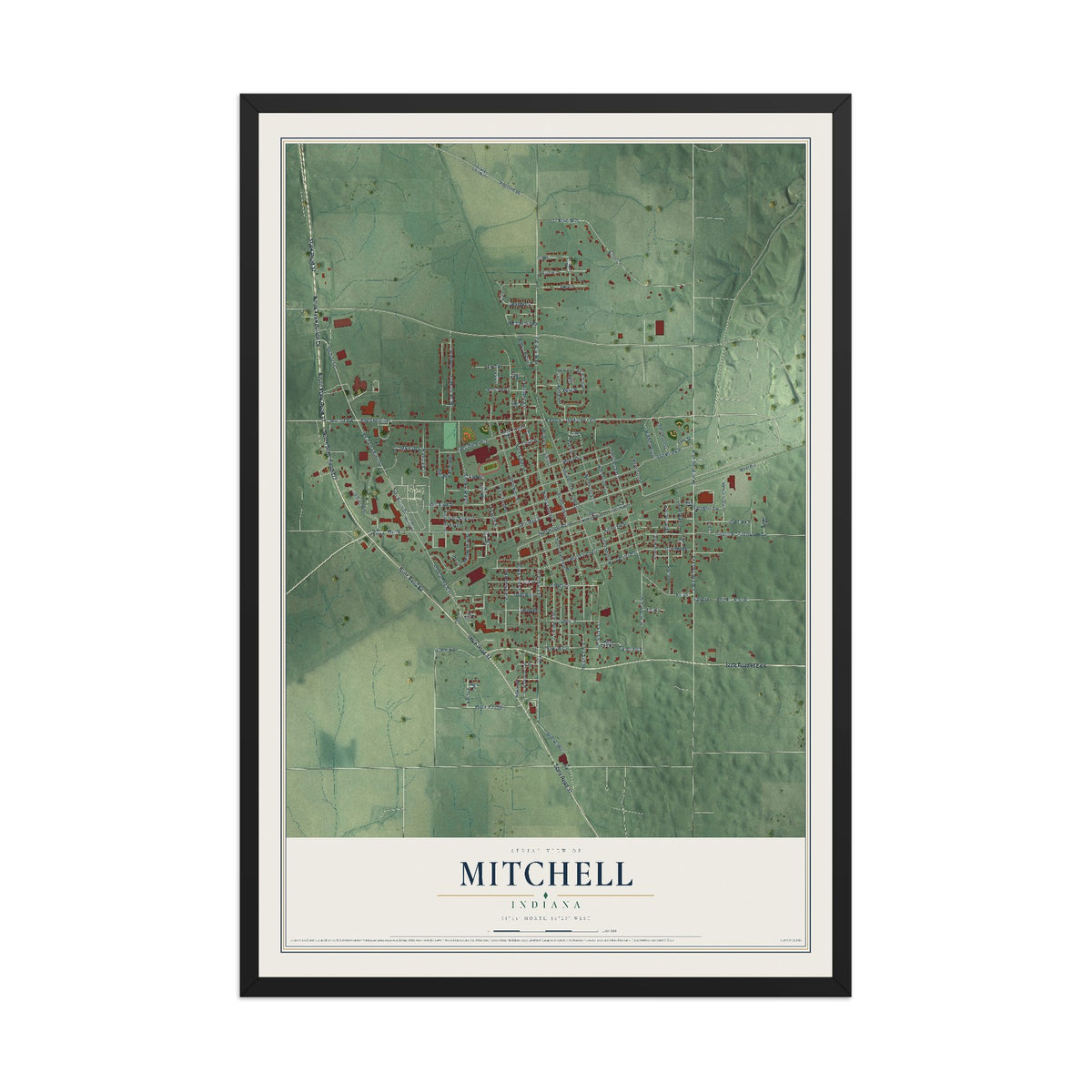 Map of Mitchell, Indiana, 12 x 18 inch print in a black wood frame