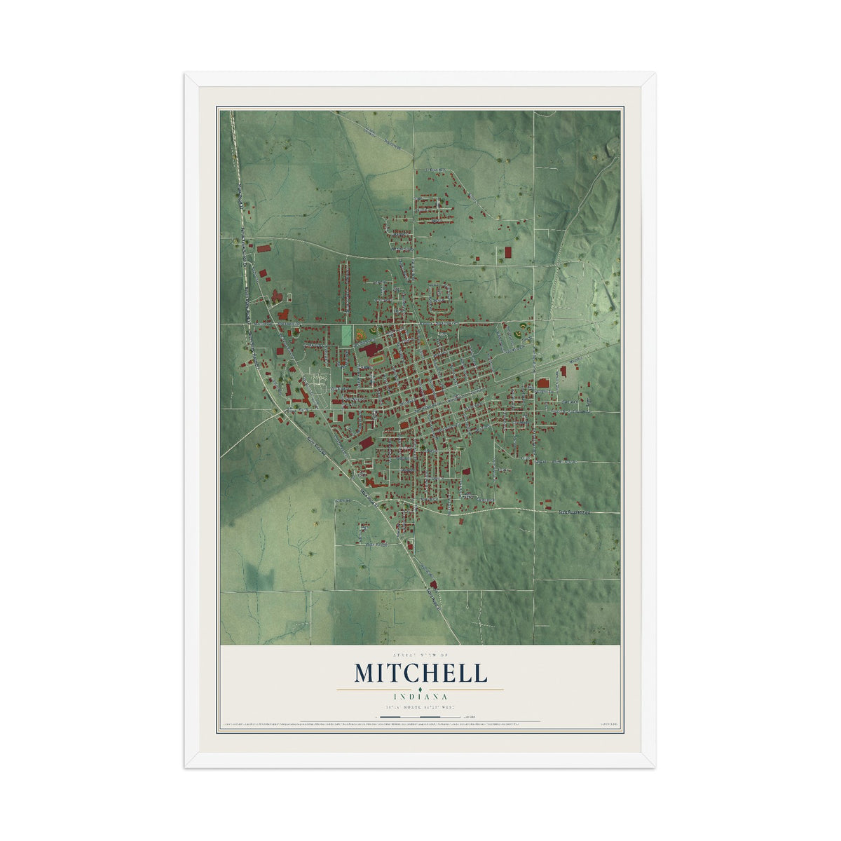 Map of Mitchell, Indiana, 12 x 18 inch print in a white wood frame