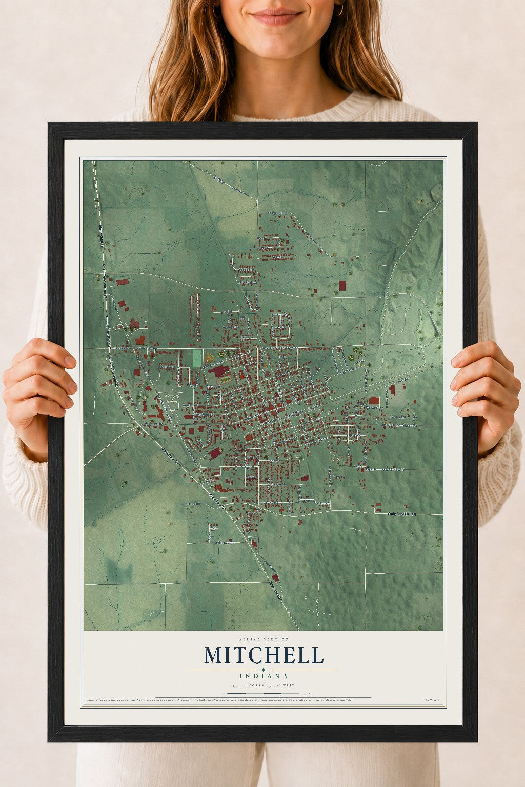 Map of Mitchell, Indiana, 18 x 24 inch print in a black wood frame