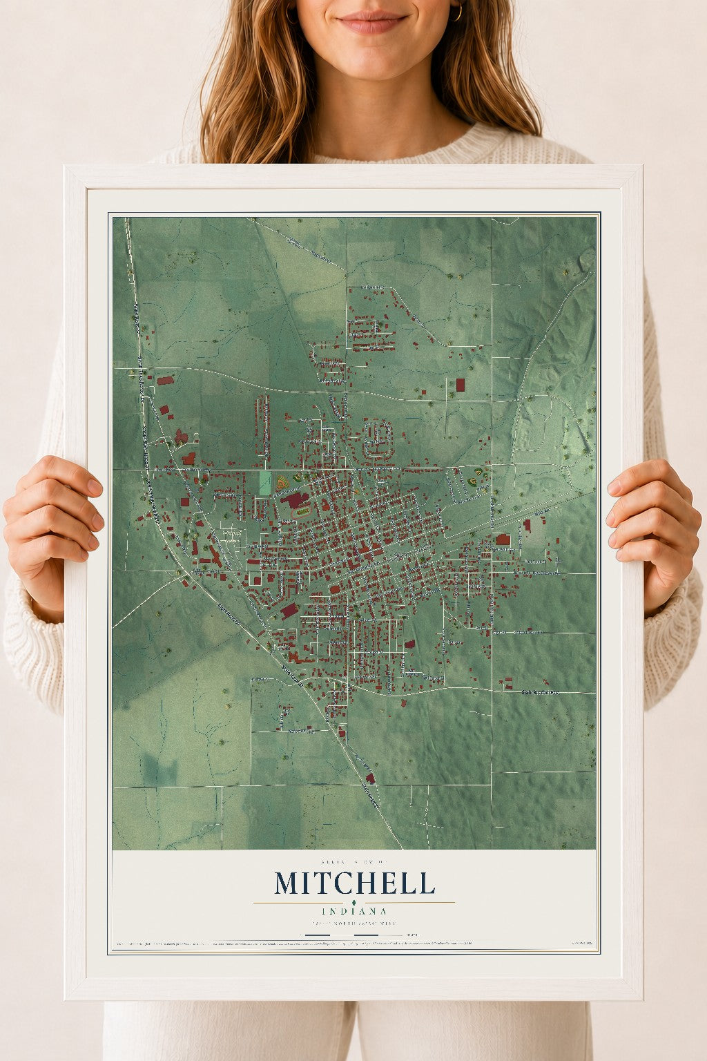 Map of Mitchell, Indiana, 18 x 24 inch print in a white wood frame