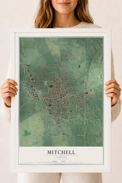Map of Mitchell, Indiana, 18 x 24 inch print in a white wood frame