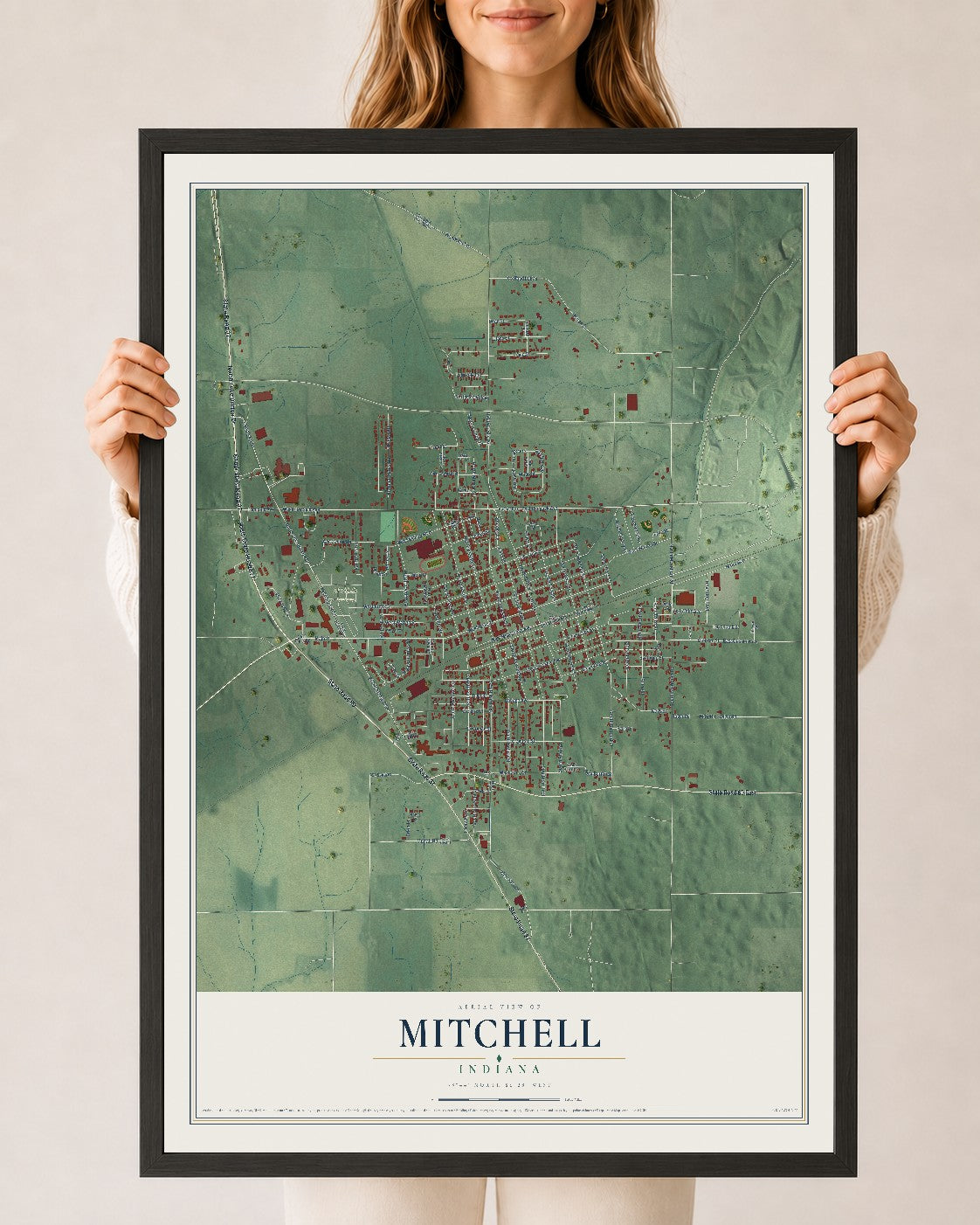Map of Mitchell, Indiana, 24 x 36 inch print in a black wood frame