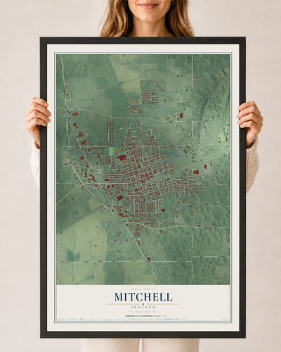 Map of Mitchell, Indiana, 24 x 36 inch print in a black wood frame