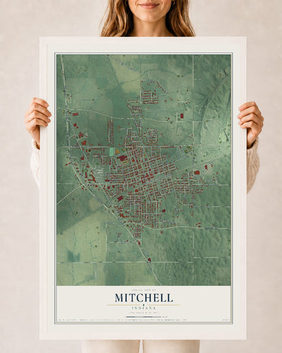 Map of Mitchell, Indiana, 24 x 36 inch print in a white wood frame
