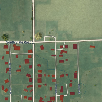 Close-up of the map of Modoc, Indiana print showing street and building detail