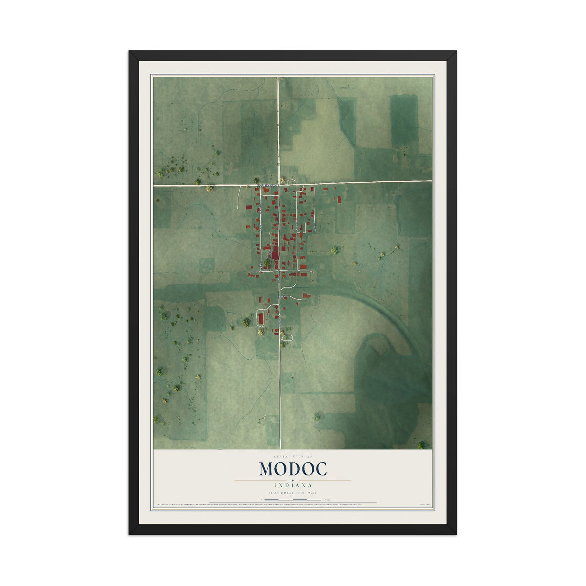 Map of Modoc, Indiana, 12 x 18 inch print in a black wood frame