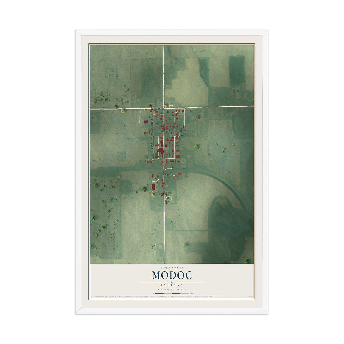 Map of Modoc, Indiana, 12 x 18 inch print in a white wood frame