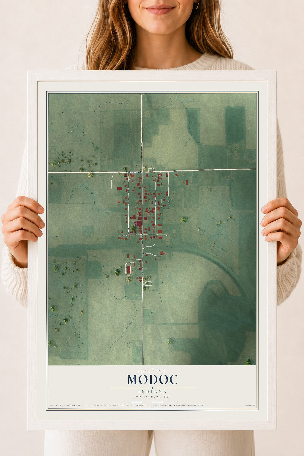 Map of Modoc, Indiana, 18 x 24 inch print in a white wood frame
