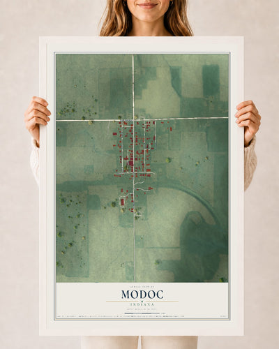 Map of Modoc, Indiana, 24 x 36 inch print in a white wood frame