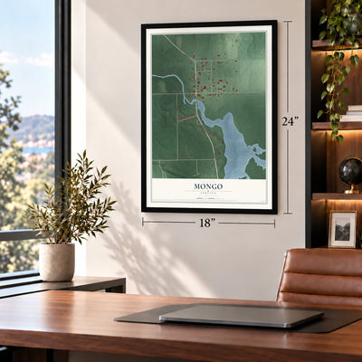 Mongo, Indiana map, 18 x 24 inch print in a black frame in a home office