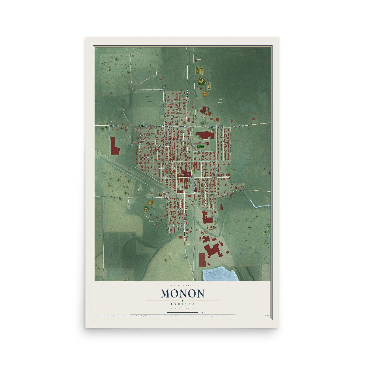 Map of Monon, Indiana, 12 x 18 inch unframed archival matte print