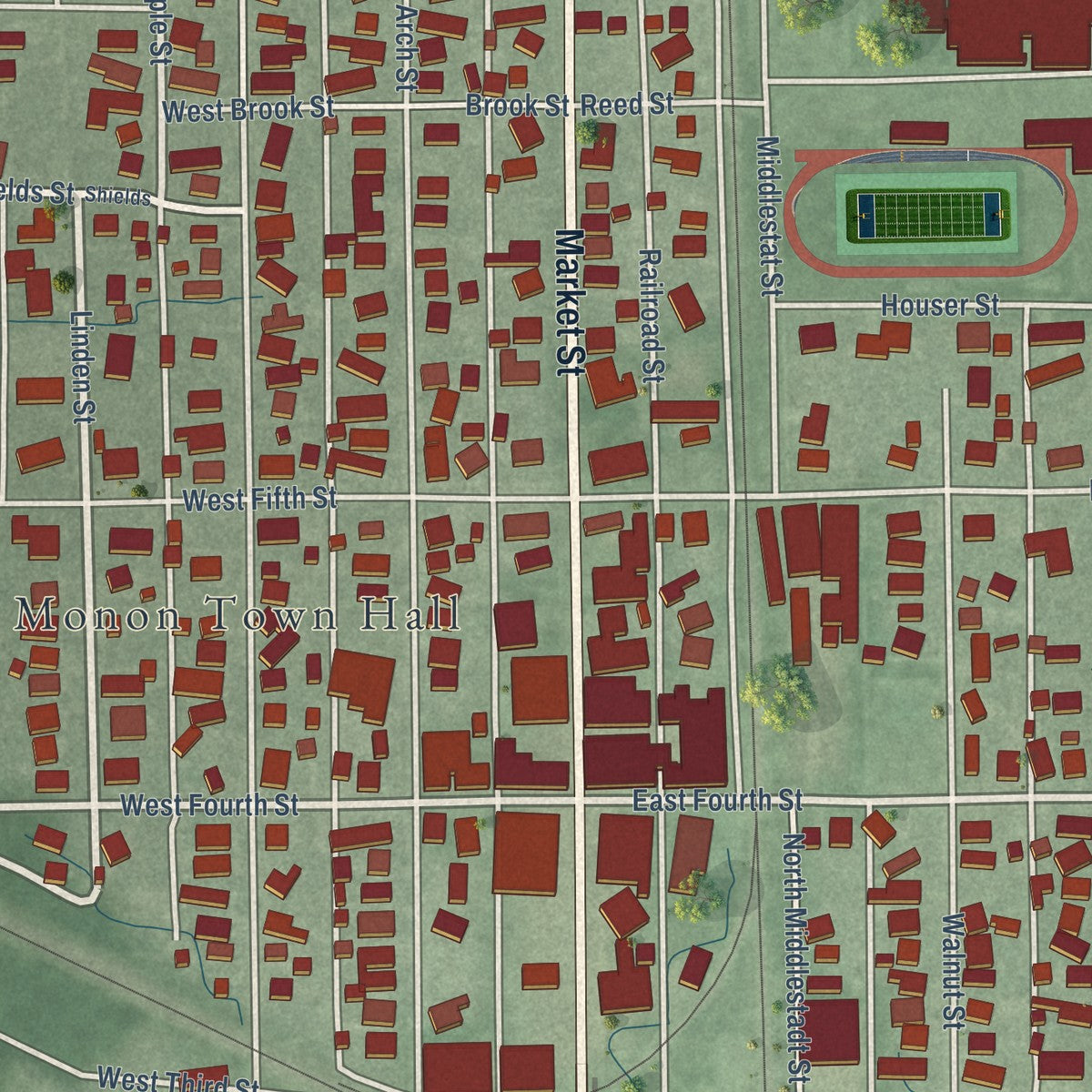Close-up of the map of Monon, Indiana print showing street and building detail