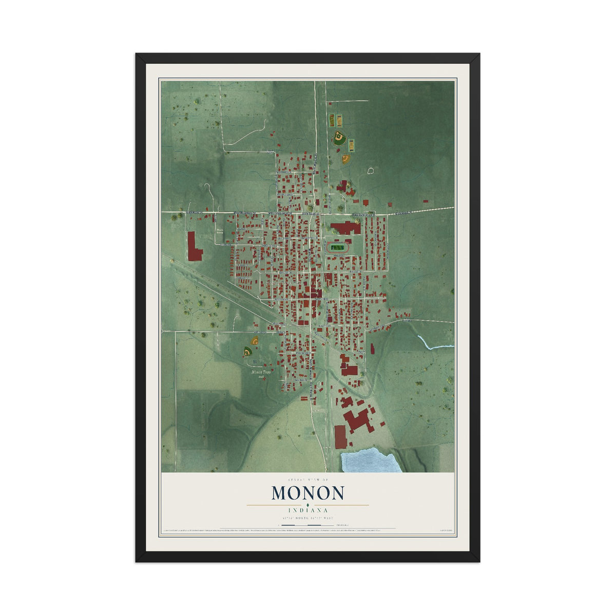 Map of Monon, Indiana, 12 x 18 inch print in a black wood frame