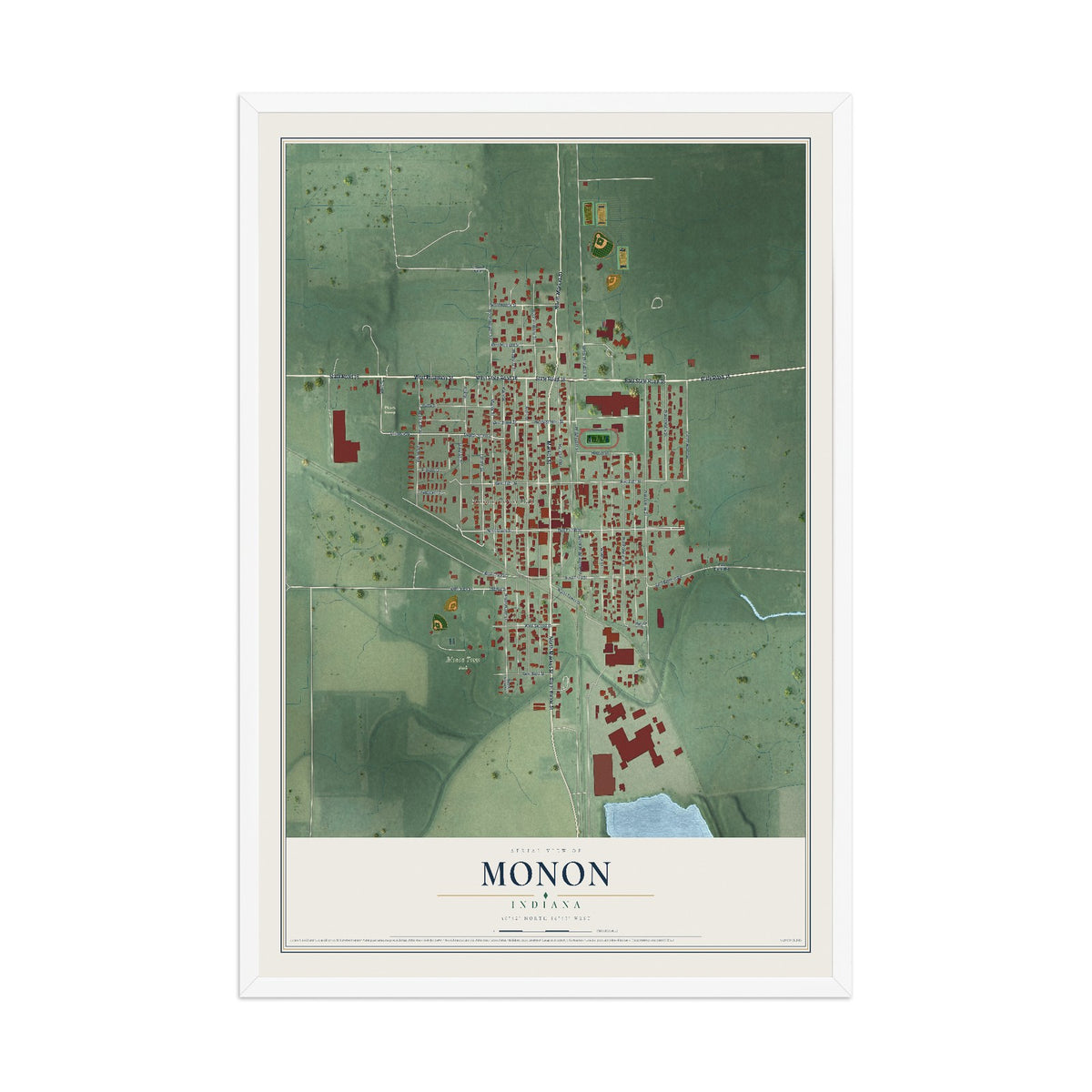 Map of Monon, Indiana, 12 x 18 inch print in a white wood frame