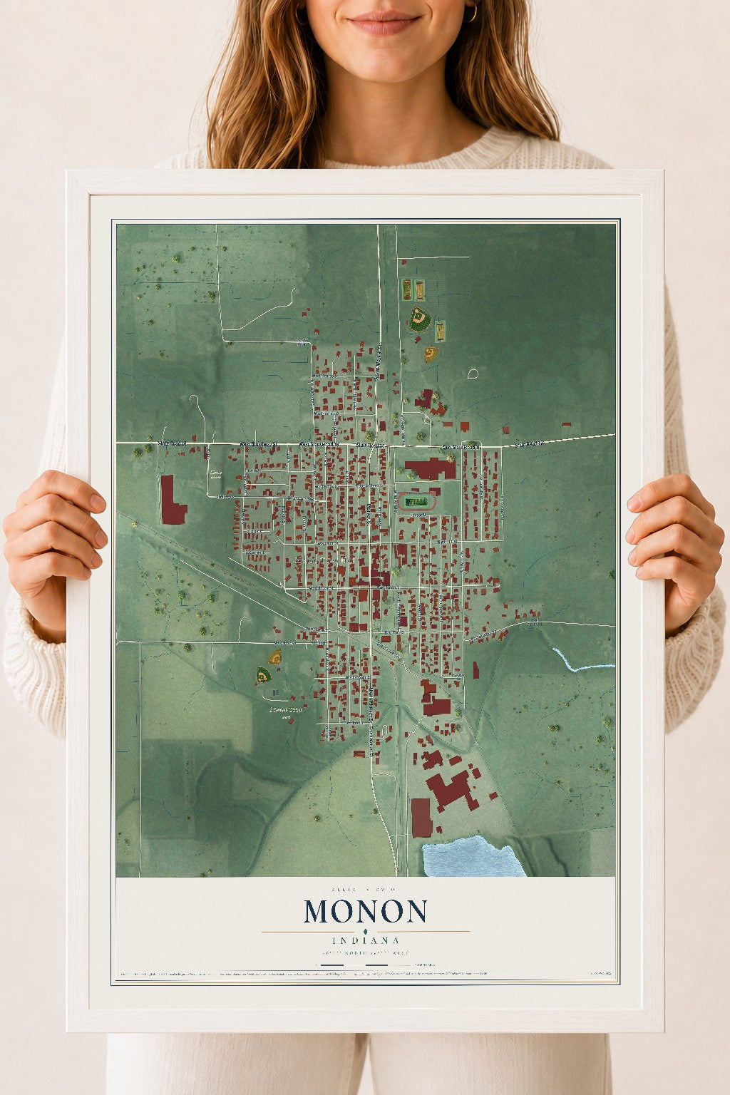 Map of Monon, Indiana, 18 x 24 inch print in a white wood frame