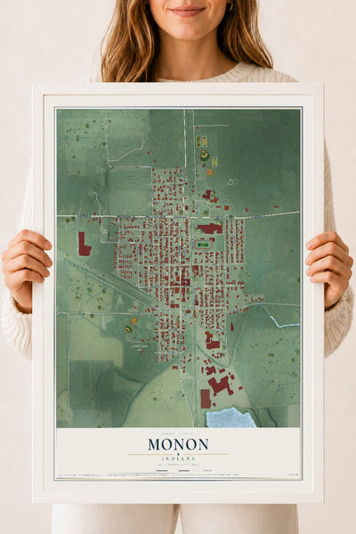 Map of Monon, Indiana, 18 x 24 inch print in a white wood frame