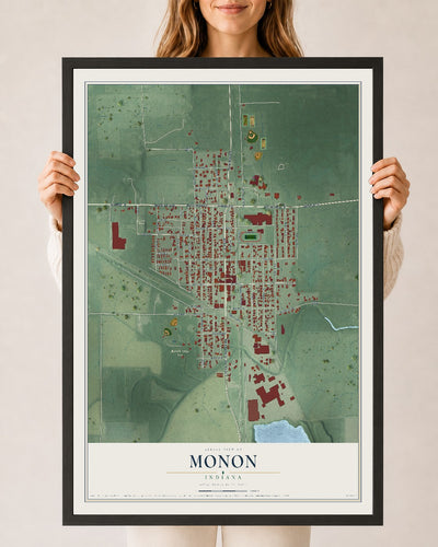 Map of Monon, Indiana, 24 x 36 inch print in a black wood frame