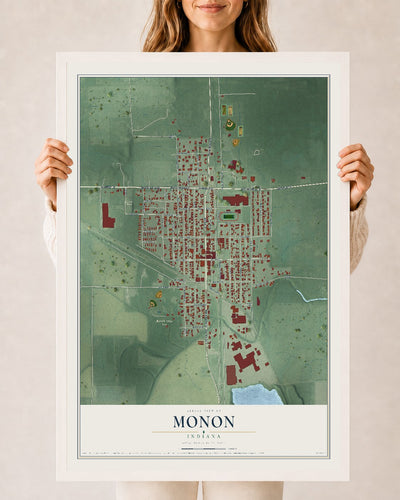 Map of Monon, Indiana, 24 x 36 inch print in a white wood frame