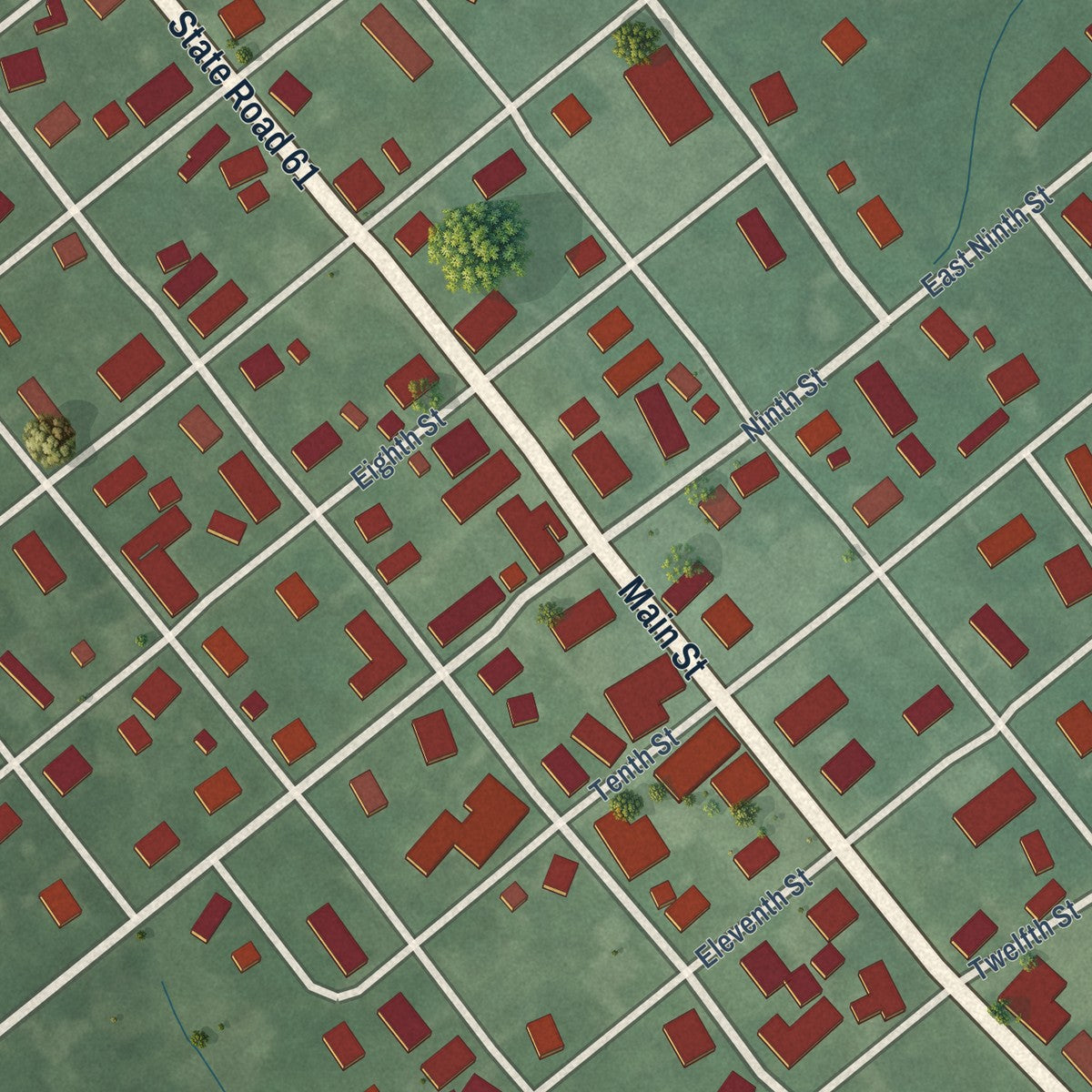 Close-up of the map of Monroe City, Indiana print showing street and building detail