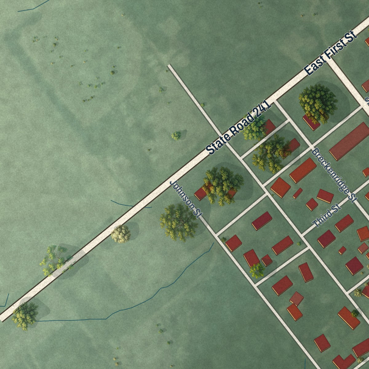 Second close-up of the map of Monroe City, Indiana print showing more streets and buildings