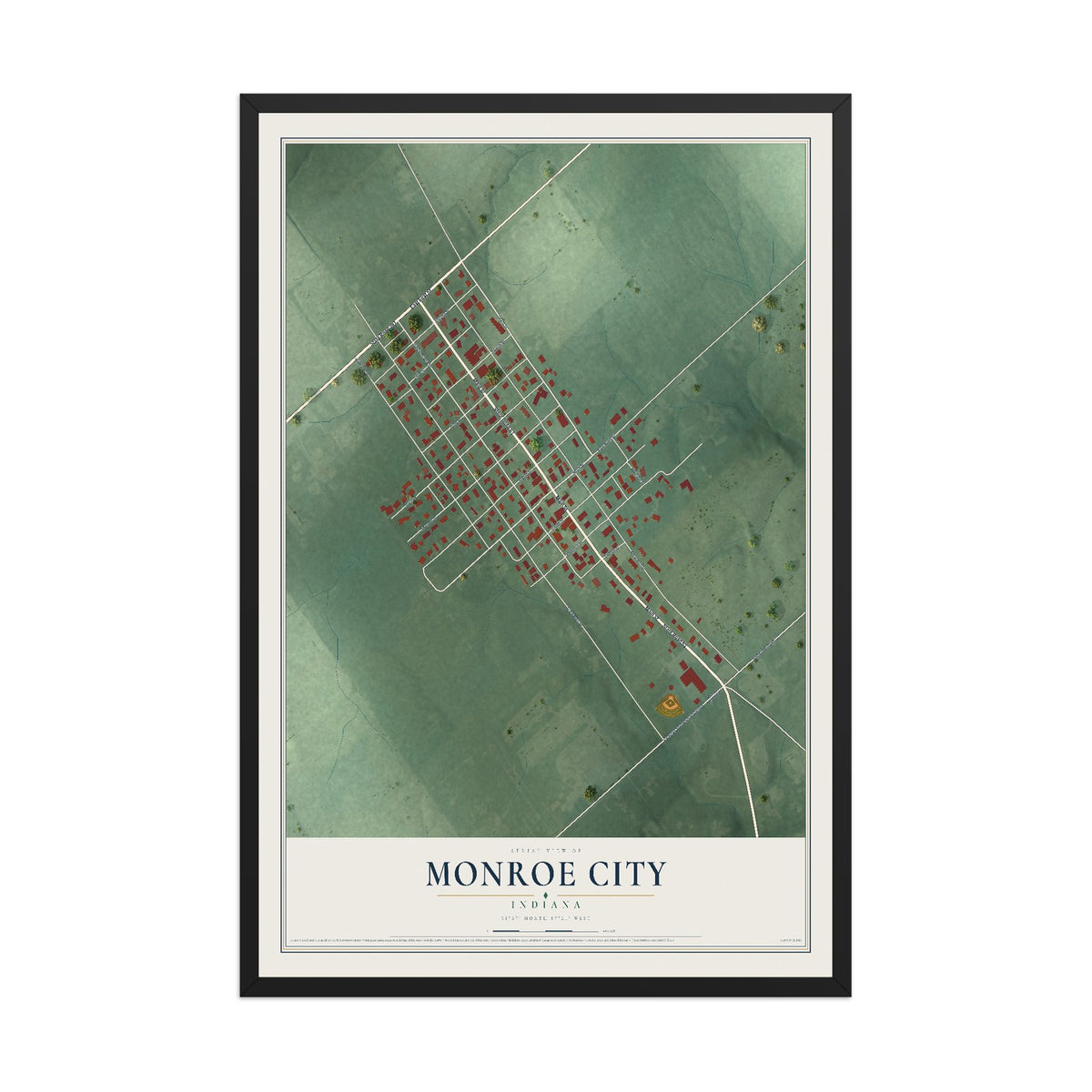 Map of Monroe City, Indiana, 12 x 18 inch print in a black wood frame