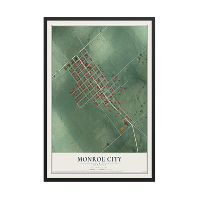 Map of Monroe City, Indiana, 12 x 18 inch print in a black wood frame