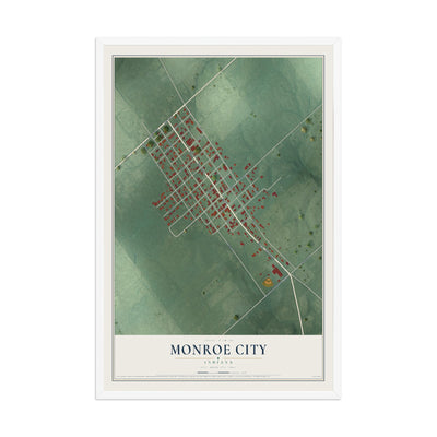Map of Monroe City, Indiana, 12 x 18 inch print in a white wood frame