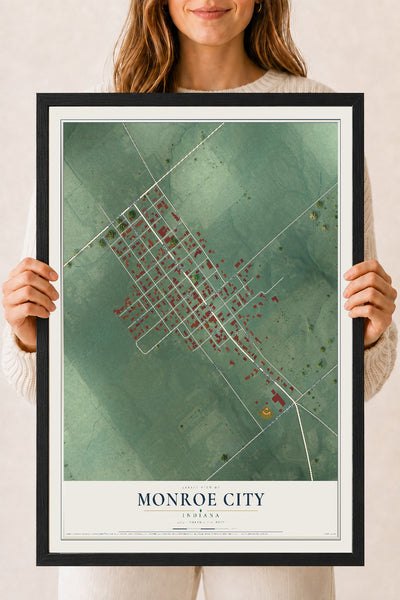 Map of Monroe City, Indiana, 18 x 24 inch print in a black wood frame