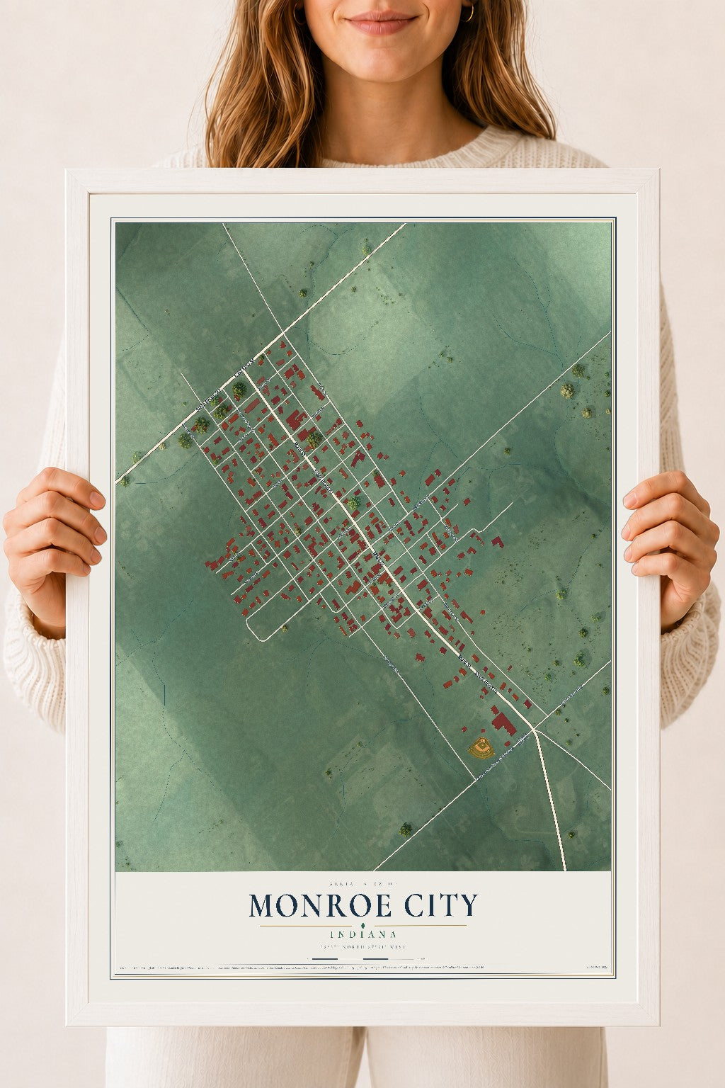 Map of Monroe City, Indiana, 18 x 24 inch print in a white wood frame