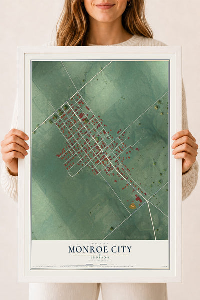 Map of Monroe City, Indiana, 18 x 24 inch print in a white wood frame