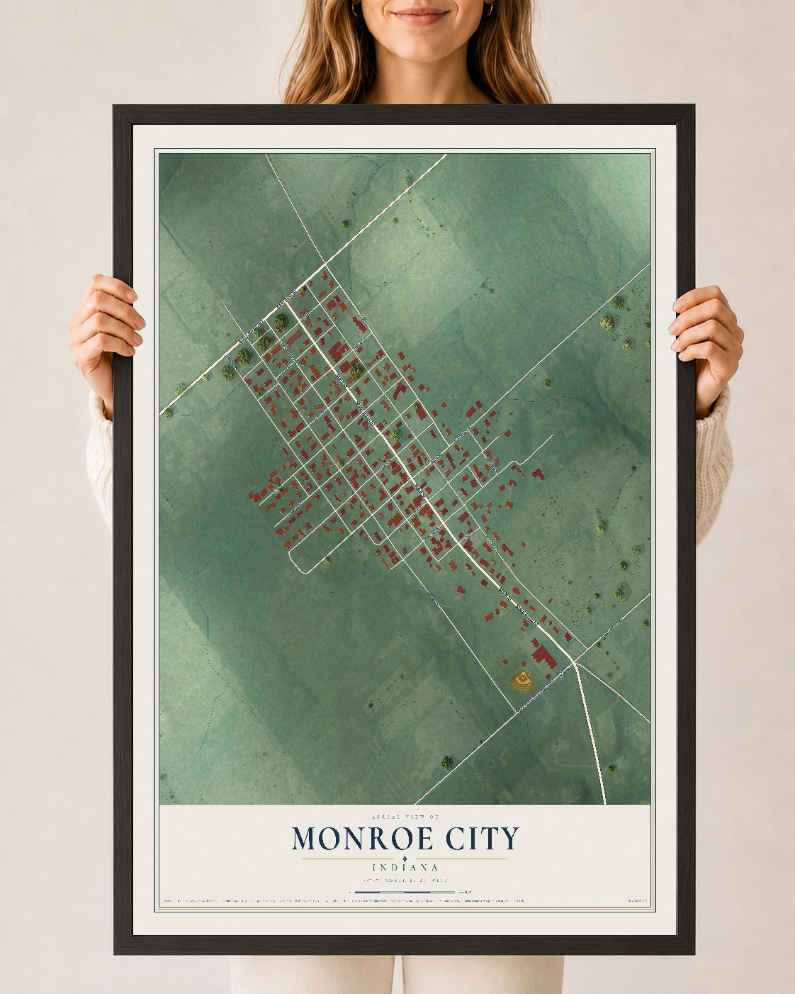Map of Monroe City, Indiana, 24 x 36 inch print in a black wood frame