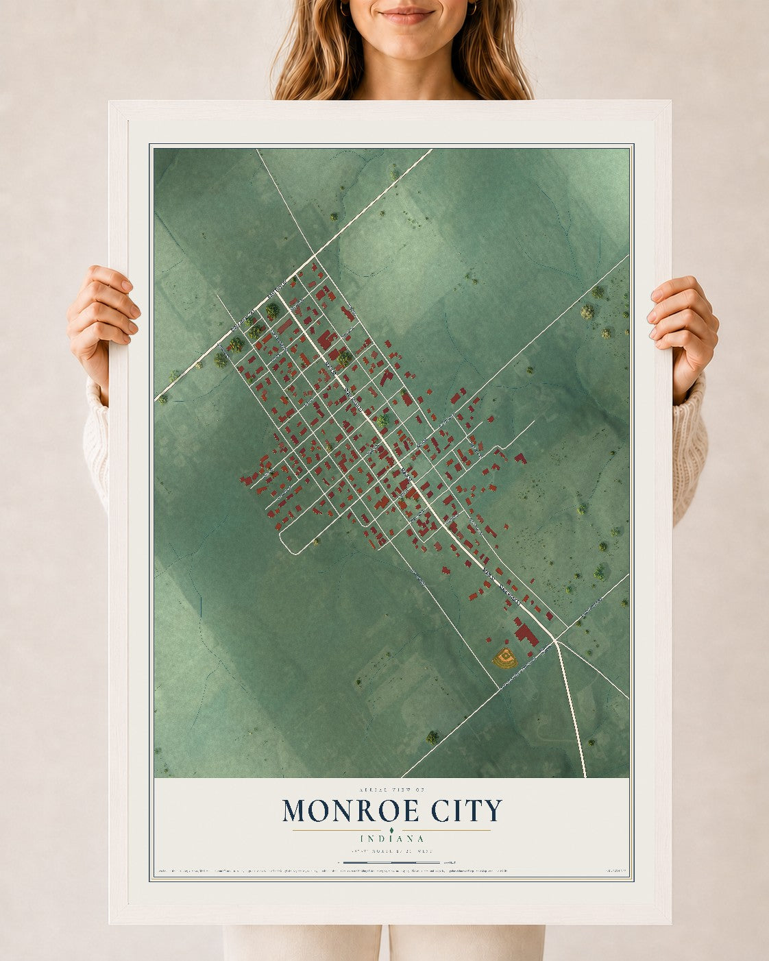 Map of Monroe City, Indiana, 24 x 36 inch print in a white wood frame