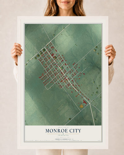 Map of Monroe City, Indiana, 24 x 36 inch print in a white wood frame