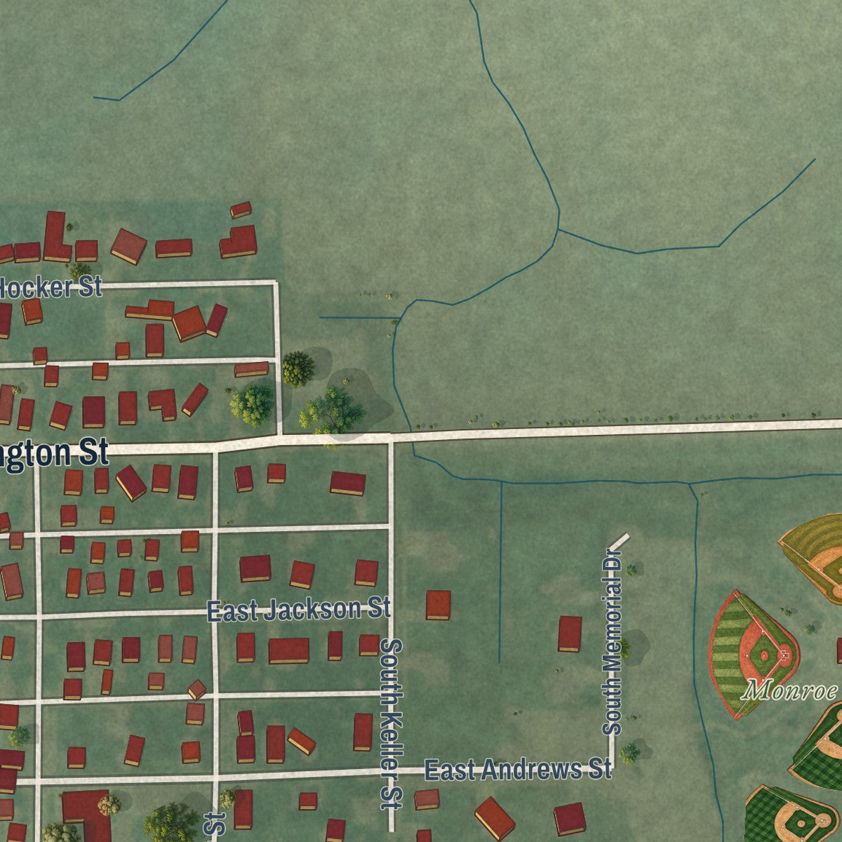 Second close-up of the map of Monroe, Indiana print showing more streets and buildings