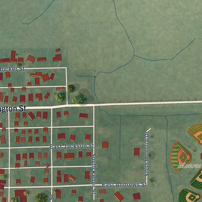 Second close-up of the map of Monroe, Indiana print showing more streets and buildings