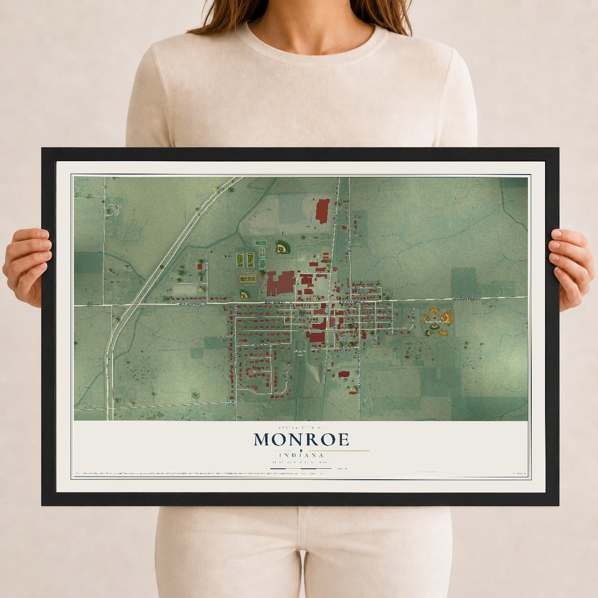 Map of Monroe, Indiana, 12 x 18 inch print in a black wood frame
