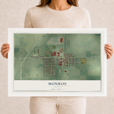 Map of Monroe, Indiana, 12 x 18 inch print in a white wood frame