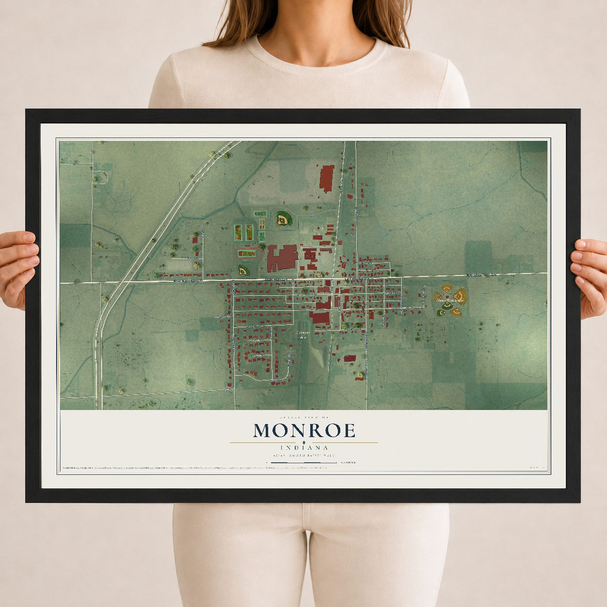 Map of Monroe, Indiana, 18 x 24 inch print in a black wood frame