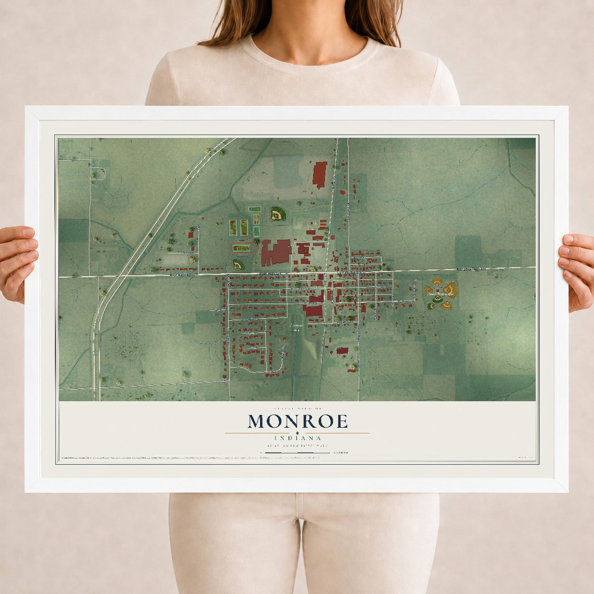 Map of Monroe, Indiana, 18 x 24 inch print in a white wood frame