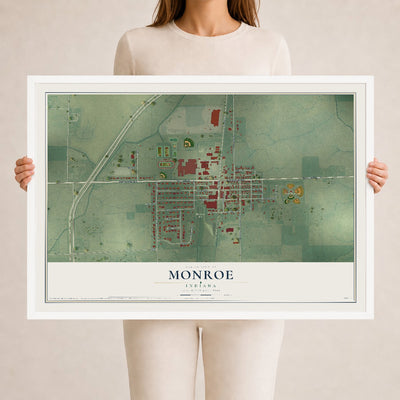 Map of Monroe, Indiana, 24 x 36 inch print in a white wood frame