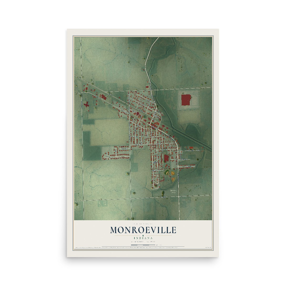 Map of Monroeville, Indiana, 12 x 18 inch unframed archival matte print
