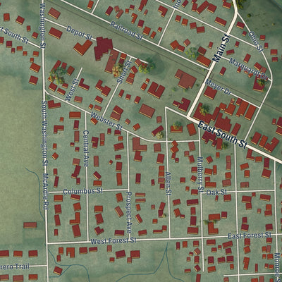 Close-up of the map of Monroeville, Indiana print showing street and building detail