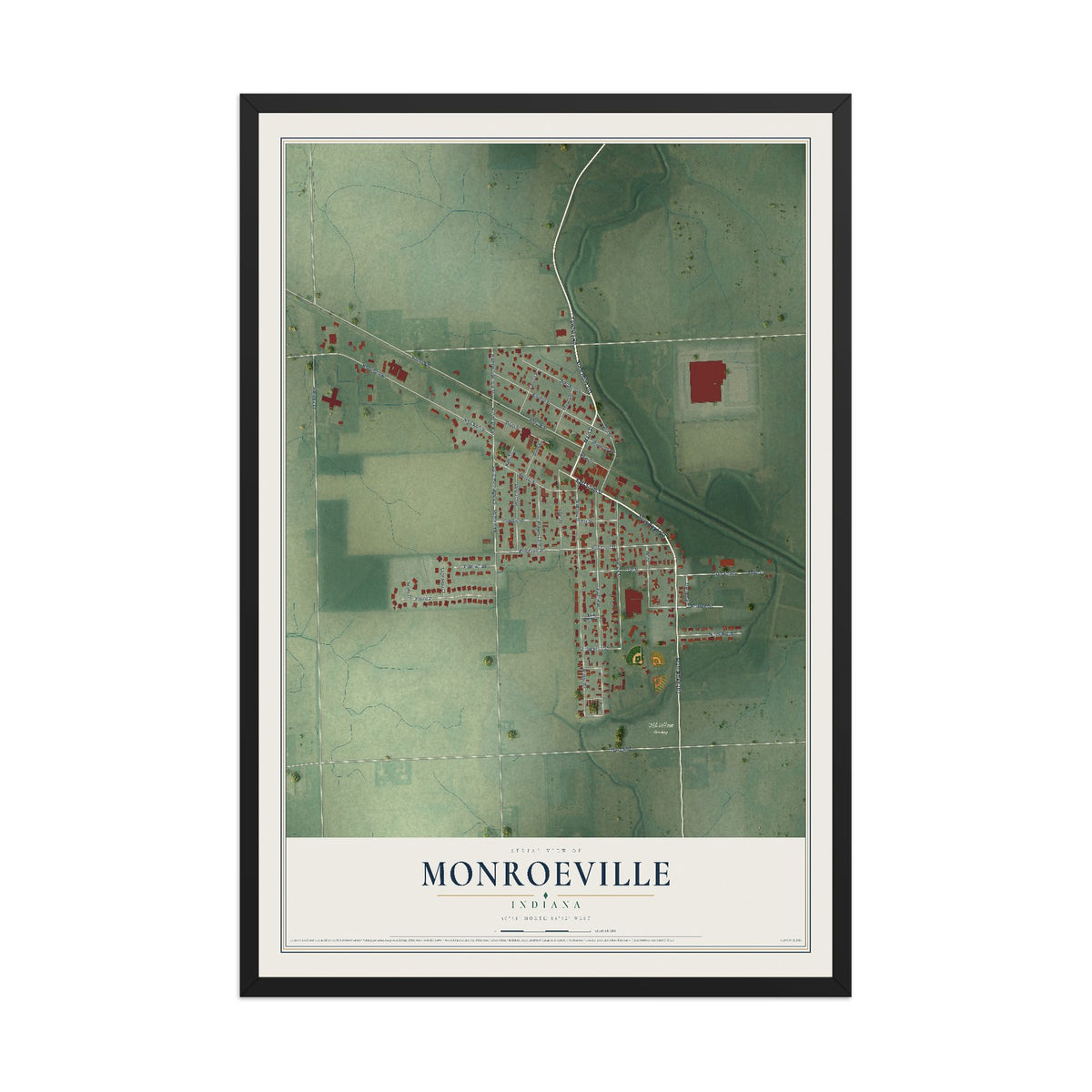 Map of Monroeville, Indiana, 12 x 18 inch print in a black wood frame