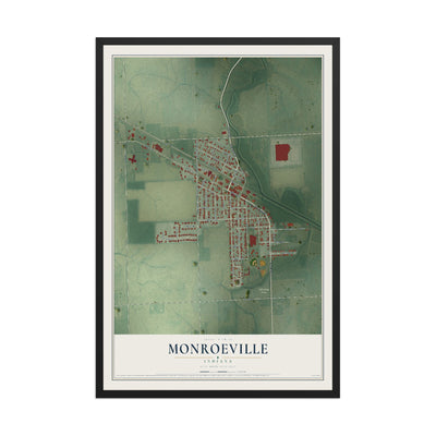 Map of Monroeville, Indiana, 12 x 18 inch print in a black wood frame