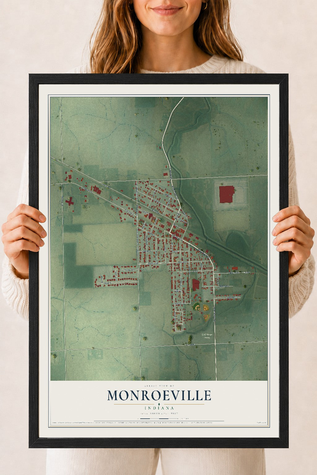 Map of Monroeville, Indiana, 18 x 24 inch print in a black wood frame