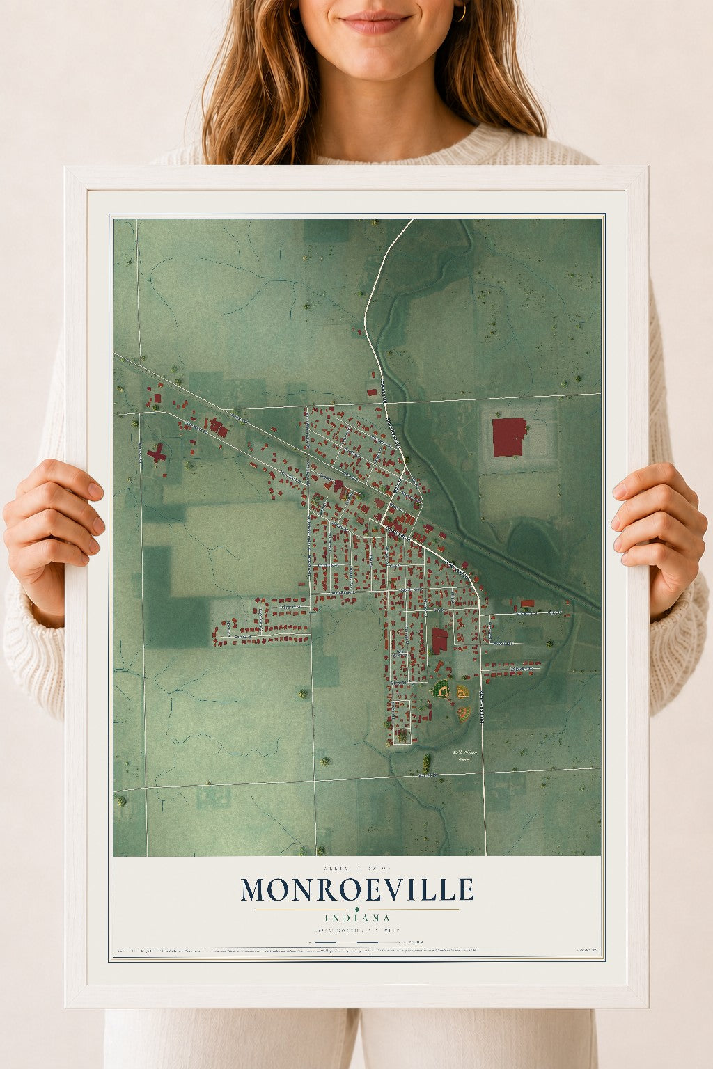 Map of Monroeville, Indiana, 18 x 24 inch print in a white wood frame