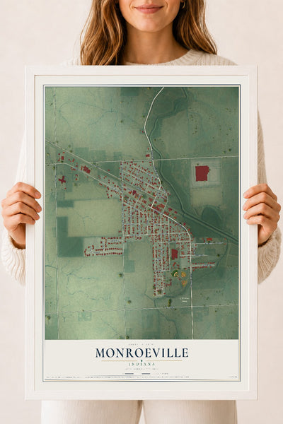 Map of Monroeville, Indiana, 18 x 24 inch print in a white wood frame
