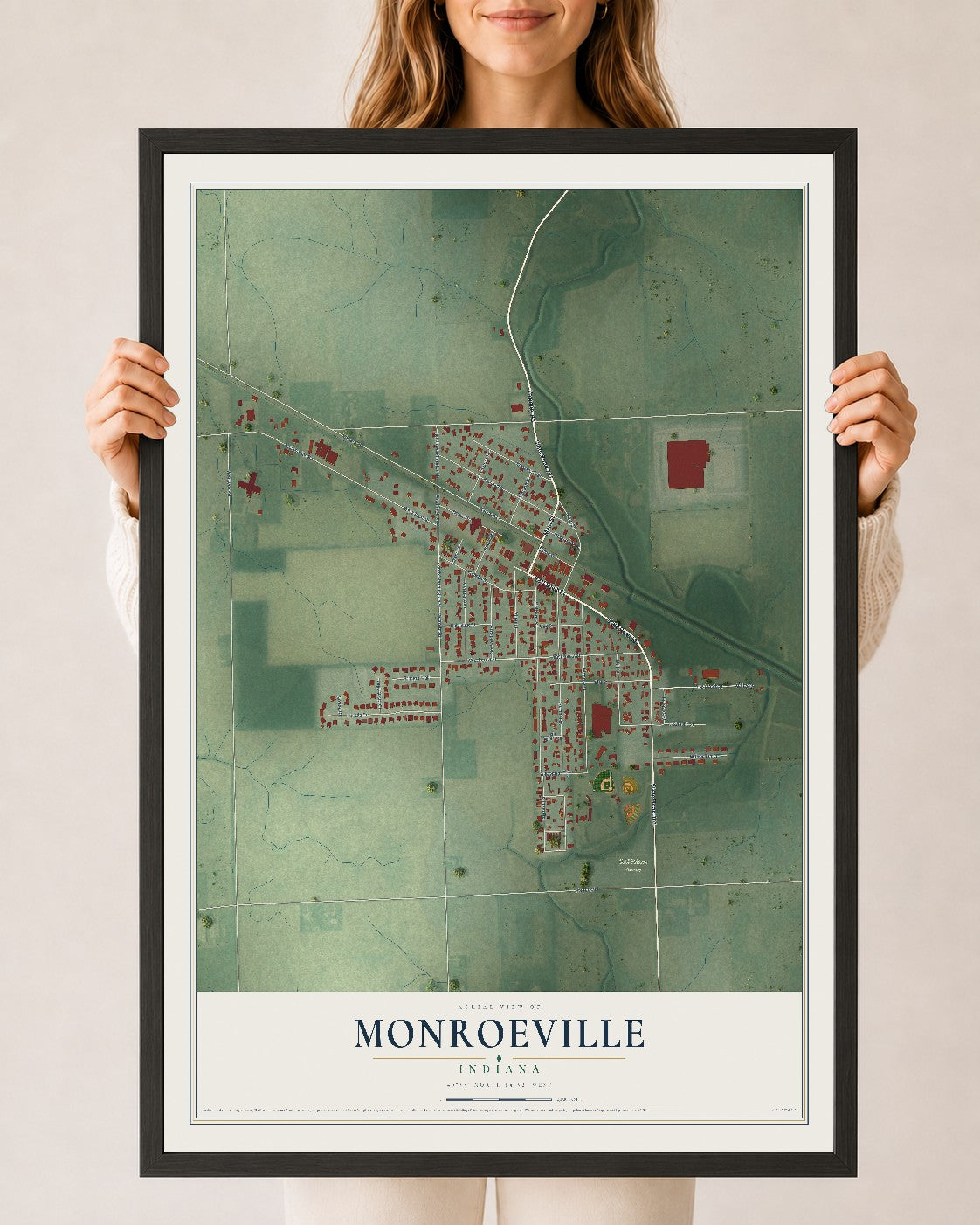 Map of Monroeville, Indiana, 24 x 36 inch print in a black wood frame